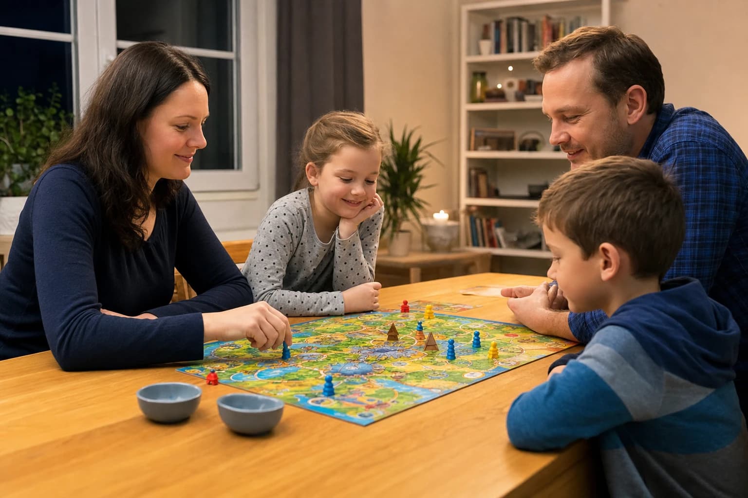 Family sitting around a table playing a board game calmly