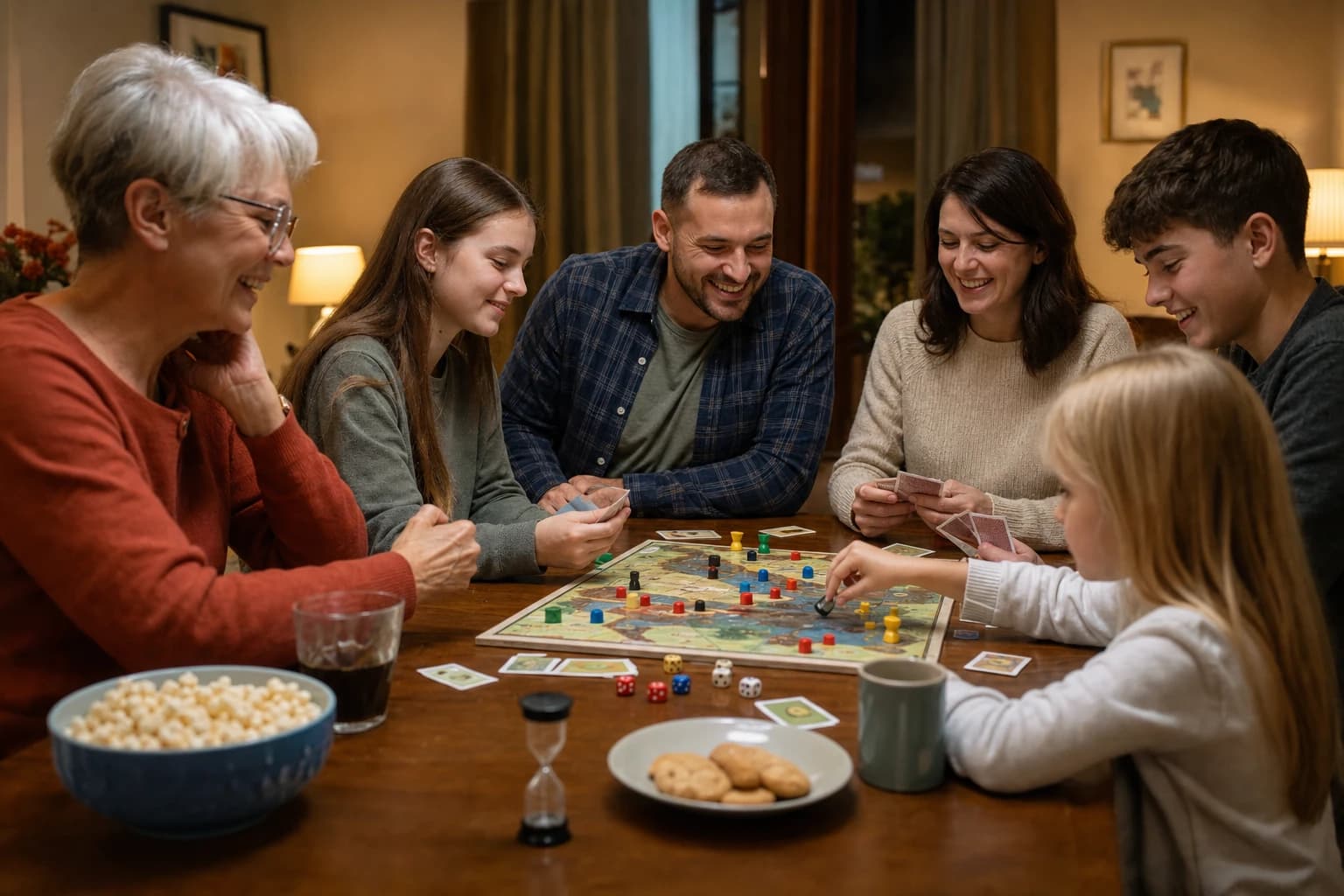 Family sitting around a table playing a board game together at home