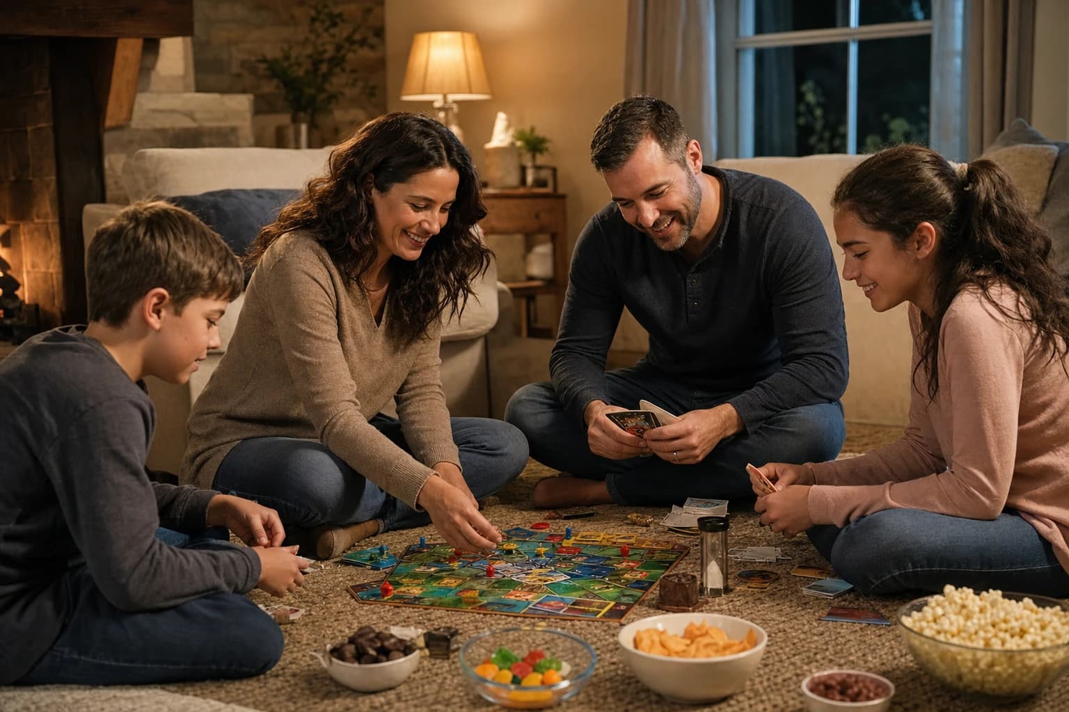 Family sitting on a living room rug with board games, cards, timers, and snacks arranged for a calm indoor game night