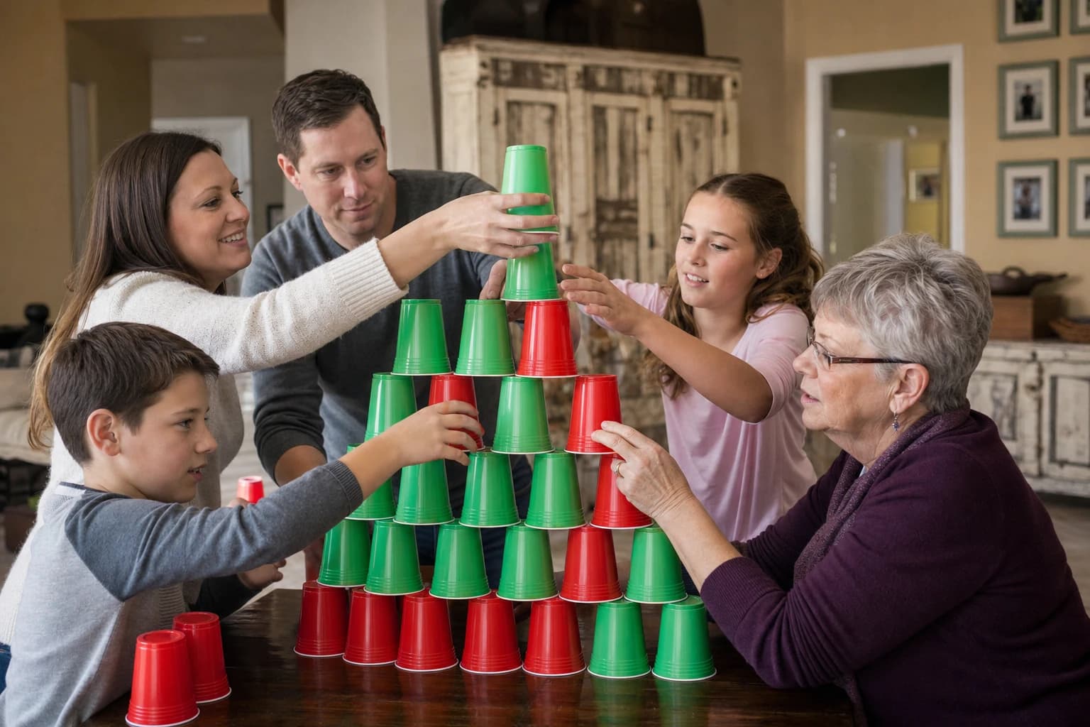 Family team building a cup tower during a party game
