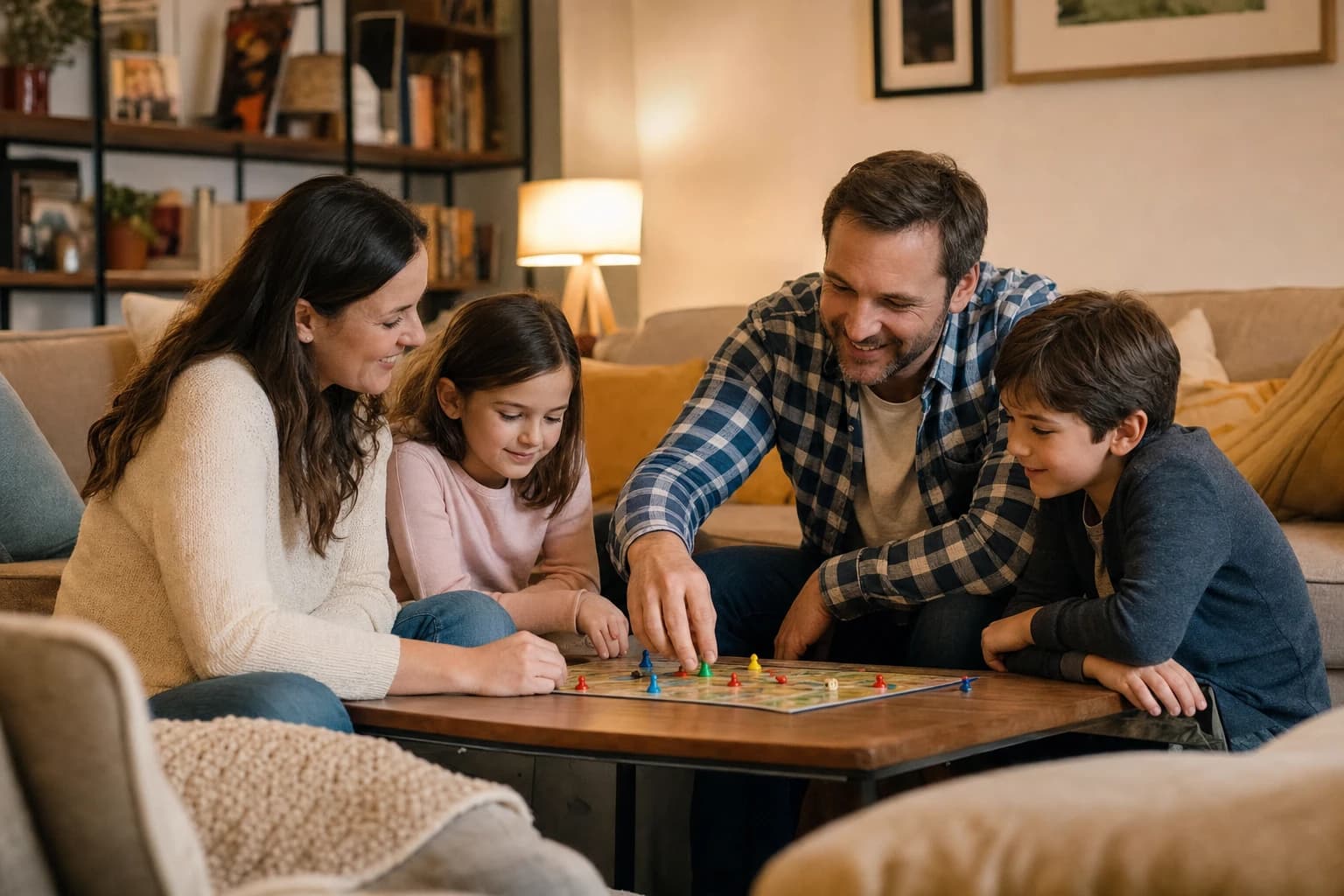 Family with young children playing a quick tabletop game together in a cozy living room