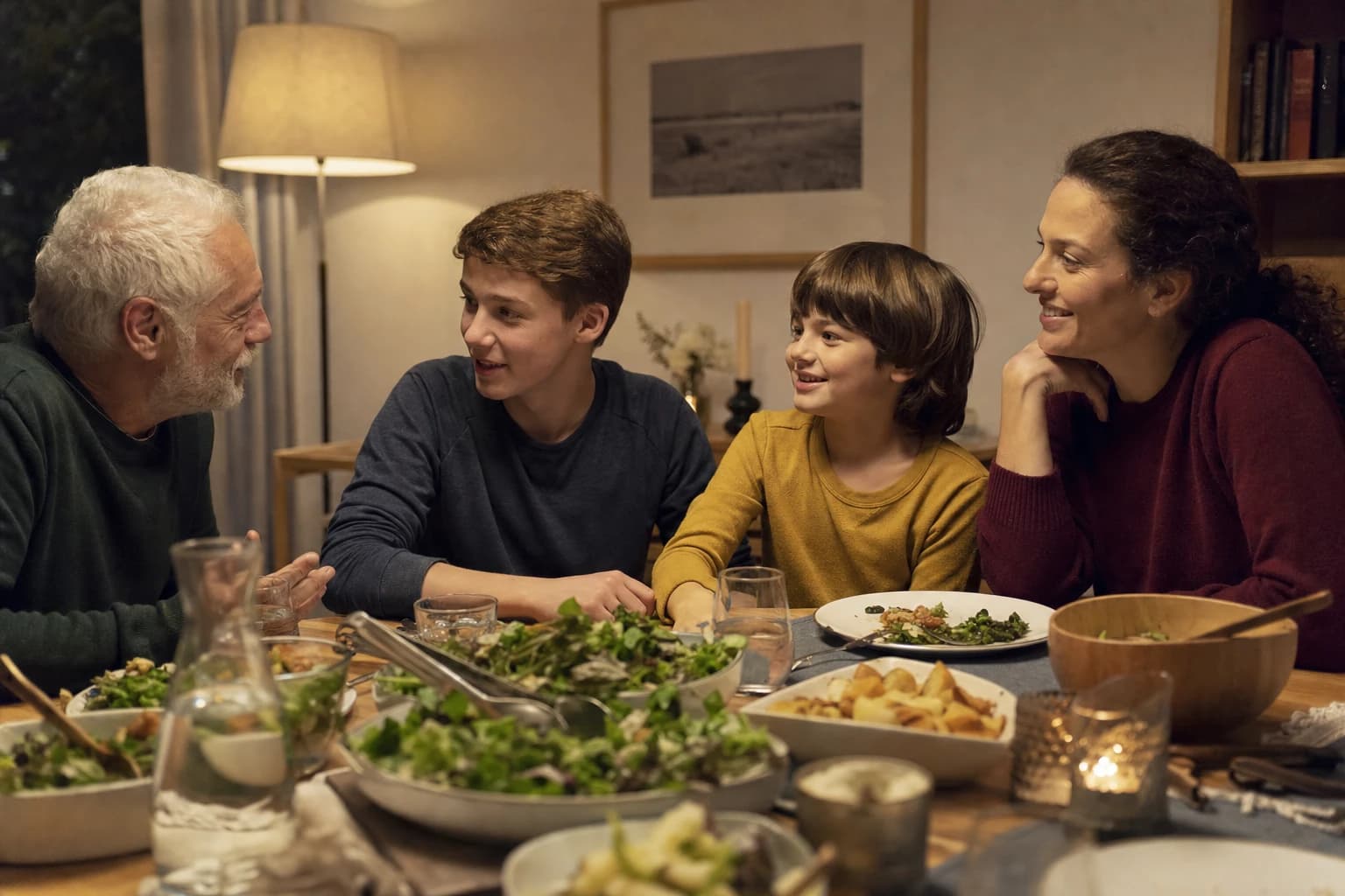 Grandparent, teen, younger child, and parent sharing a relaxed screen-free dinner conversation