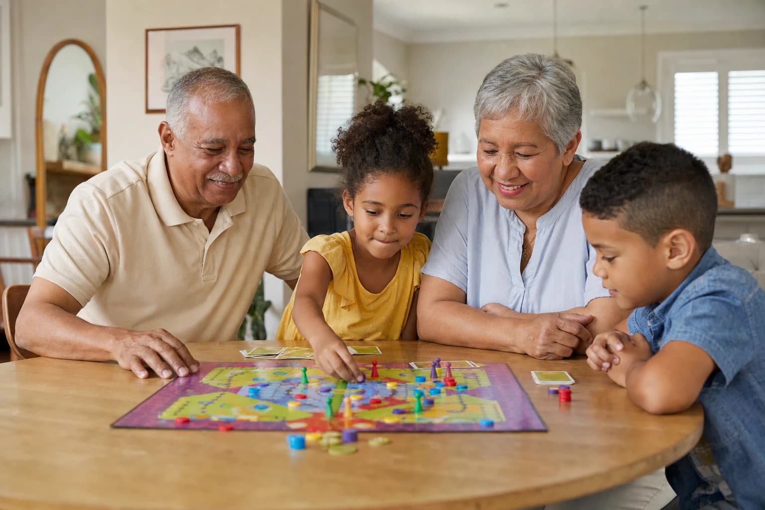 Grandparents and children playing a colorful board game together at a dining table