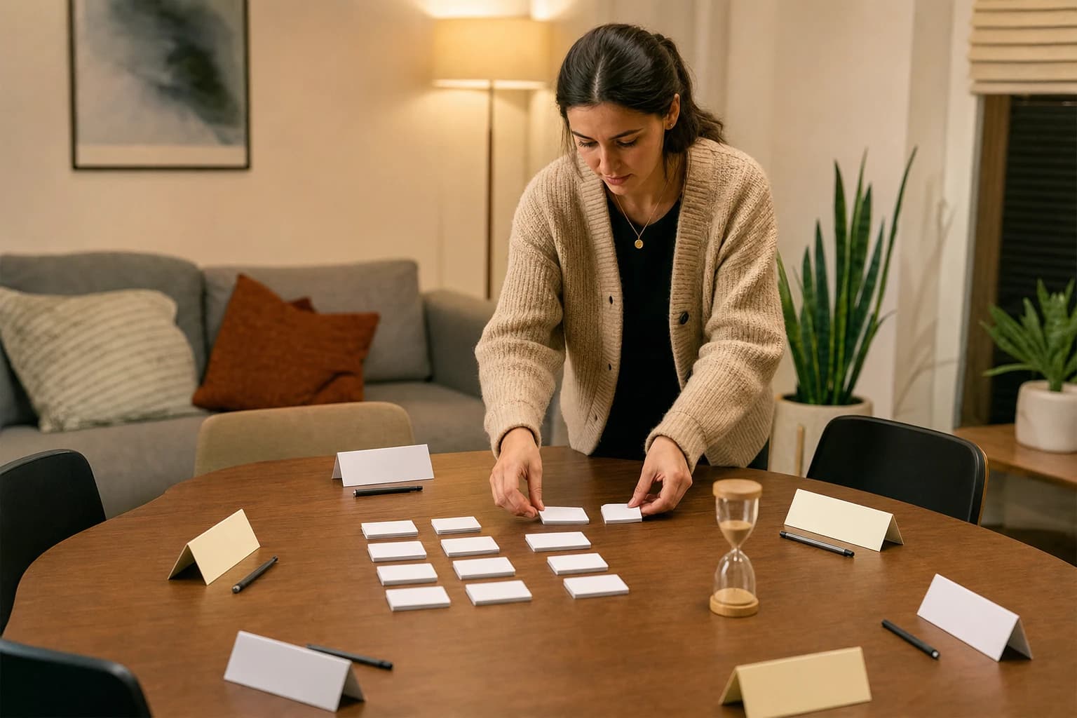 Host setting up party game cards, timer, and team labels on a table