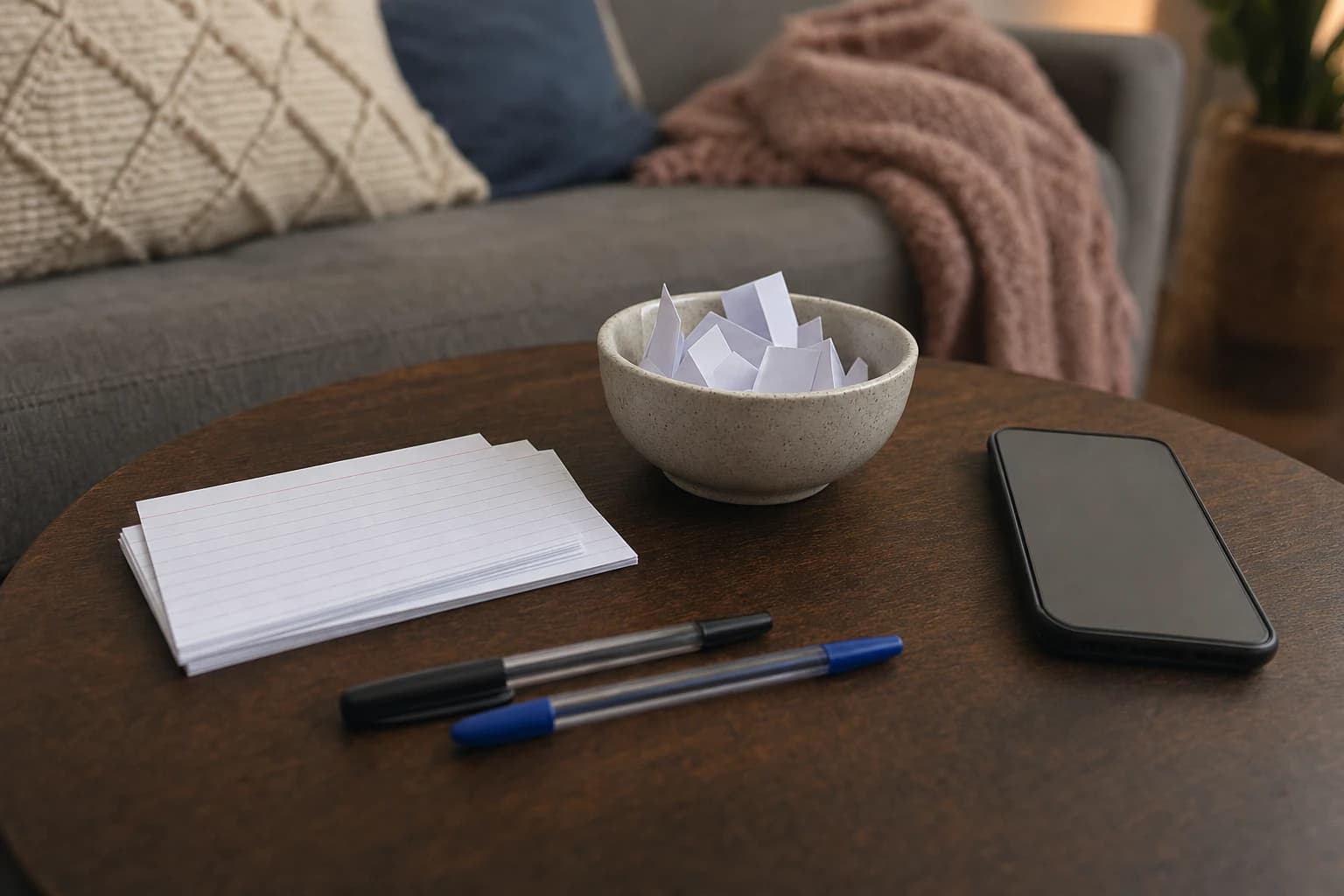 Index cards pens phone timer and a small bowl prepared for quiet apartment party games