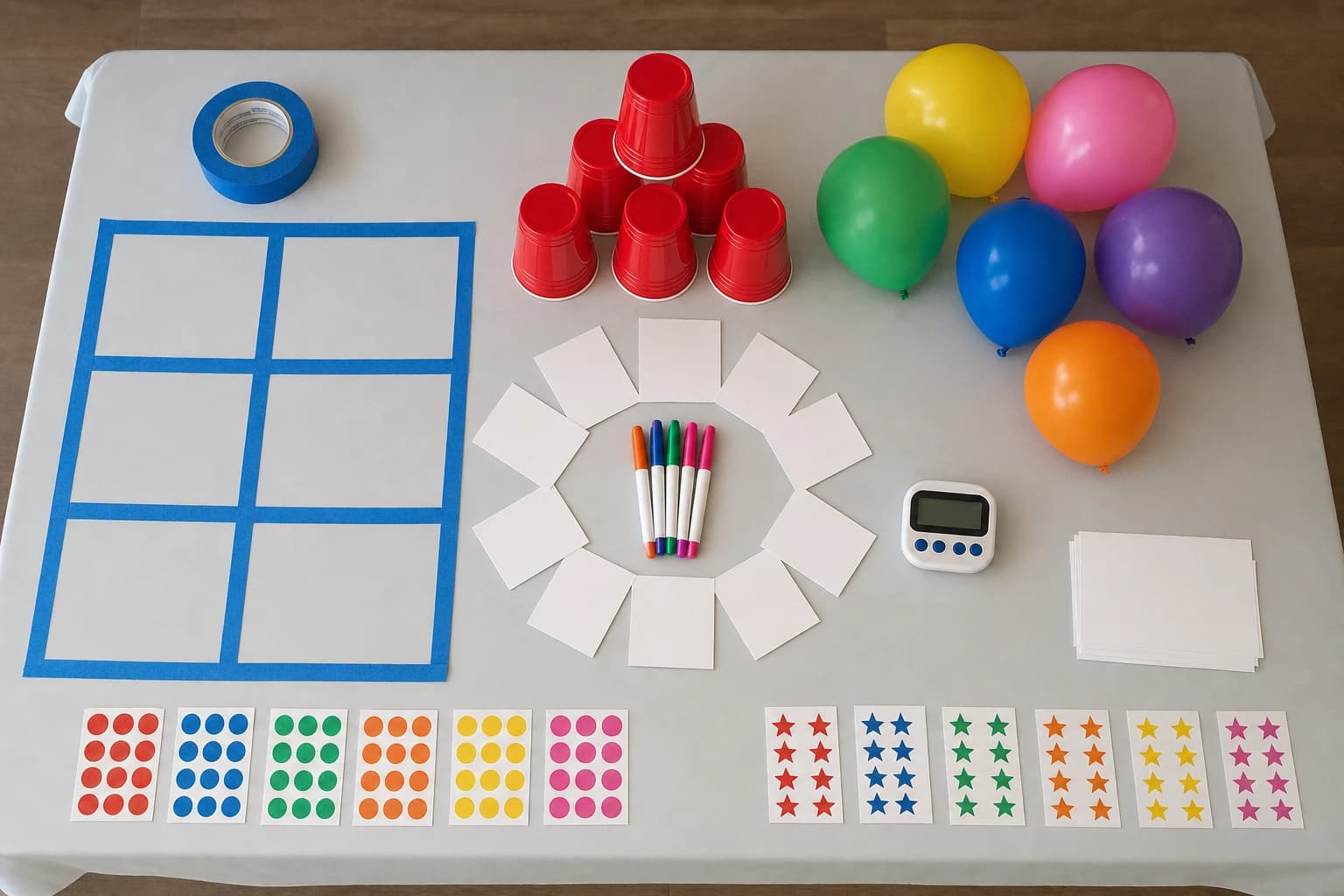 Indoor party game setup with tape lines, cups, balloons, and activity cards on a table