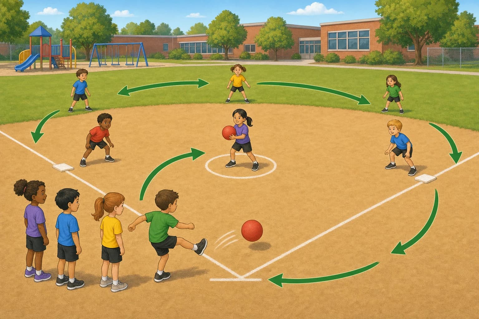 Kickball team rotation chart with children moving through pitcher, bases, outfield, and kicking line