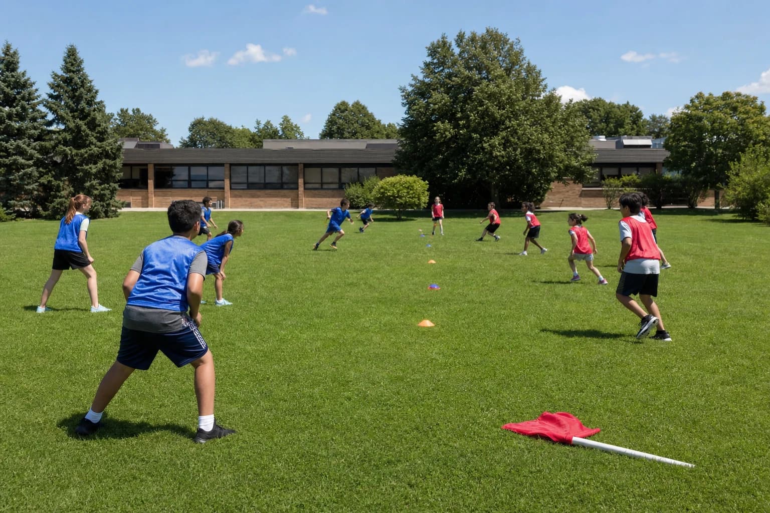 Kids playing Capture the Flag on a grassy field with cones marking the center line