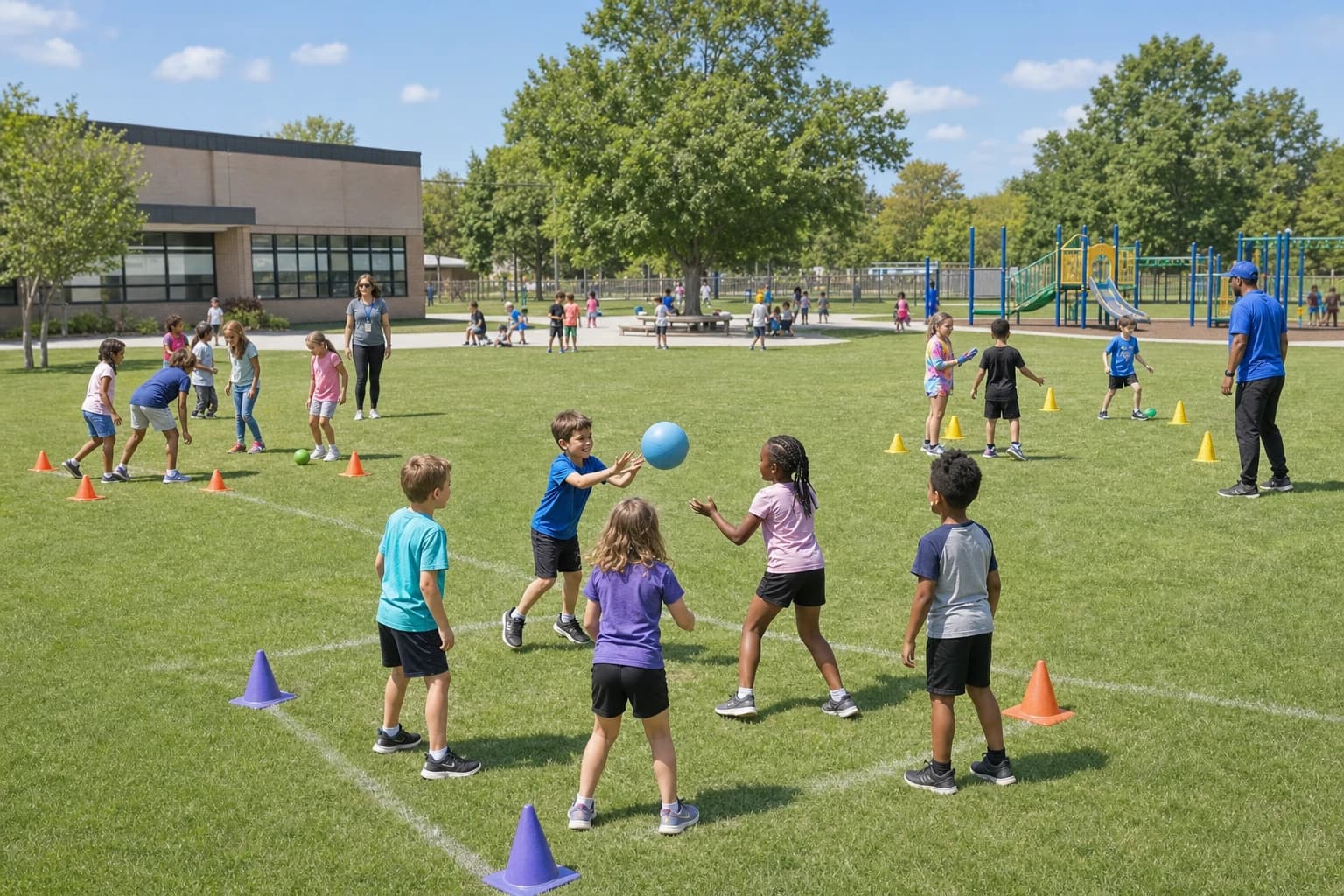 Large elementary recess organized into four rotating playground activity stations