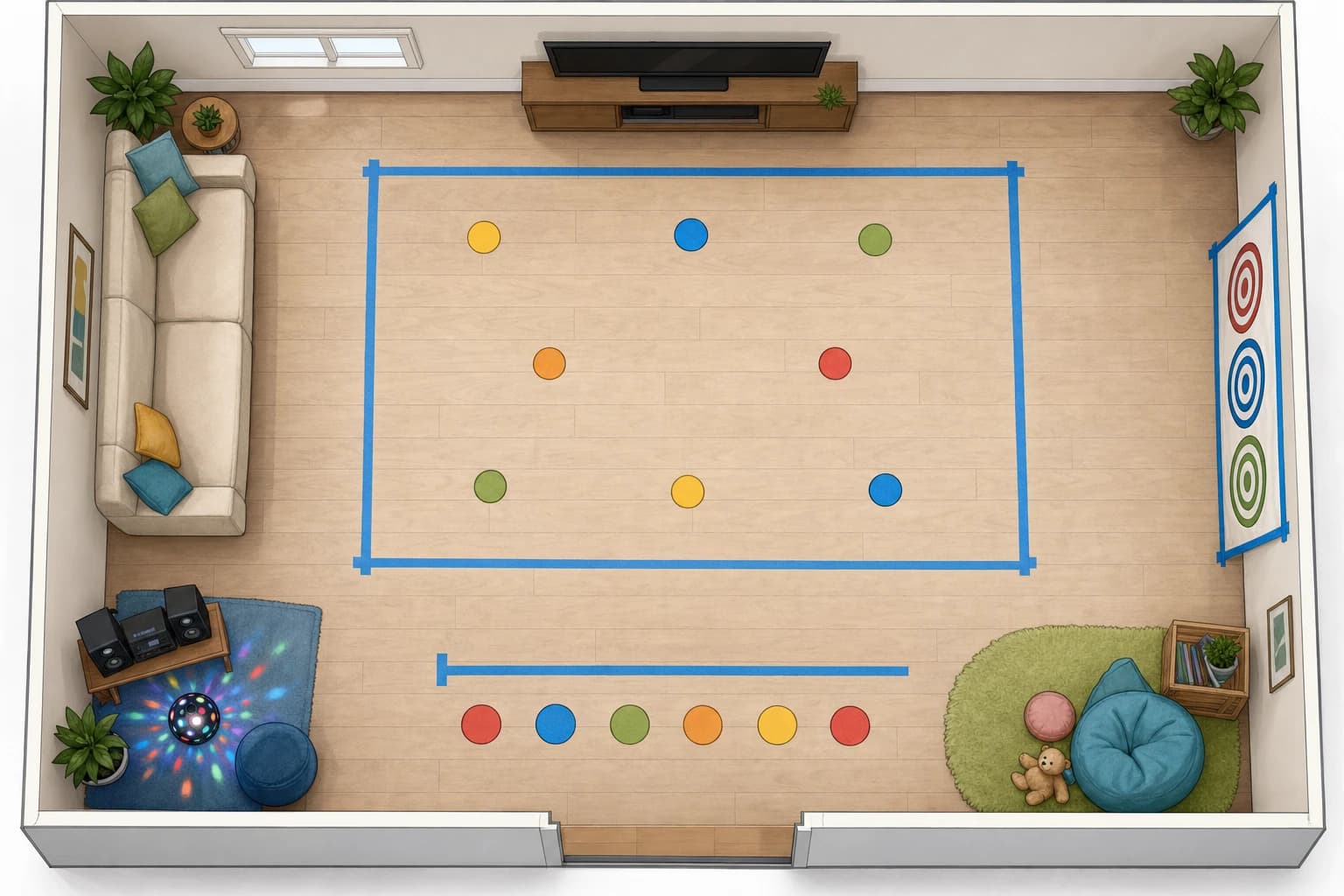 Living room floor plan for small space birthday games with tape boundaries, target wall, music corner, and waiting line
