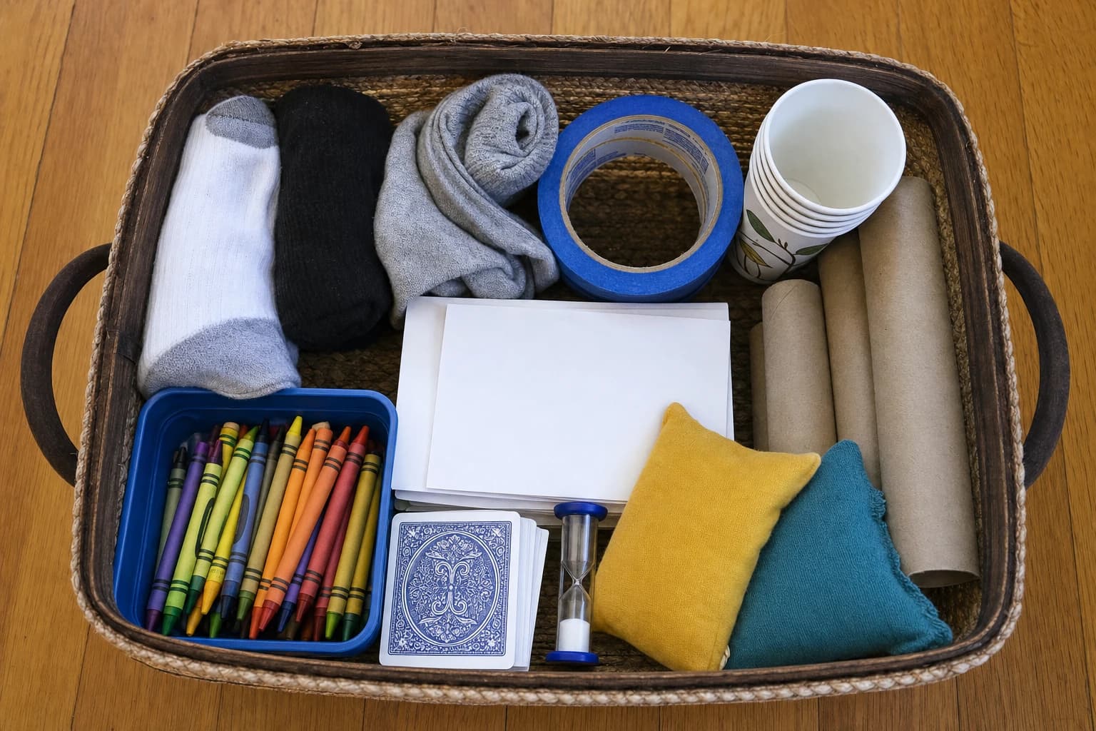 Low-cost indoor game supplies including tape socks cups paper cardboard and a timer