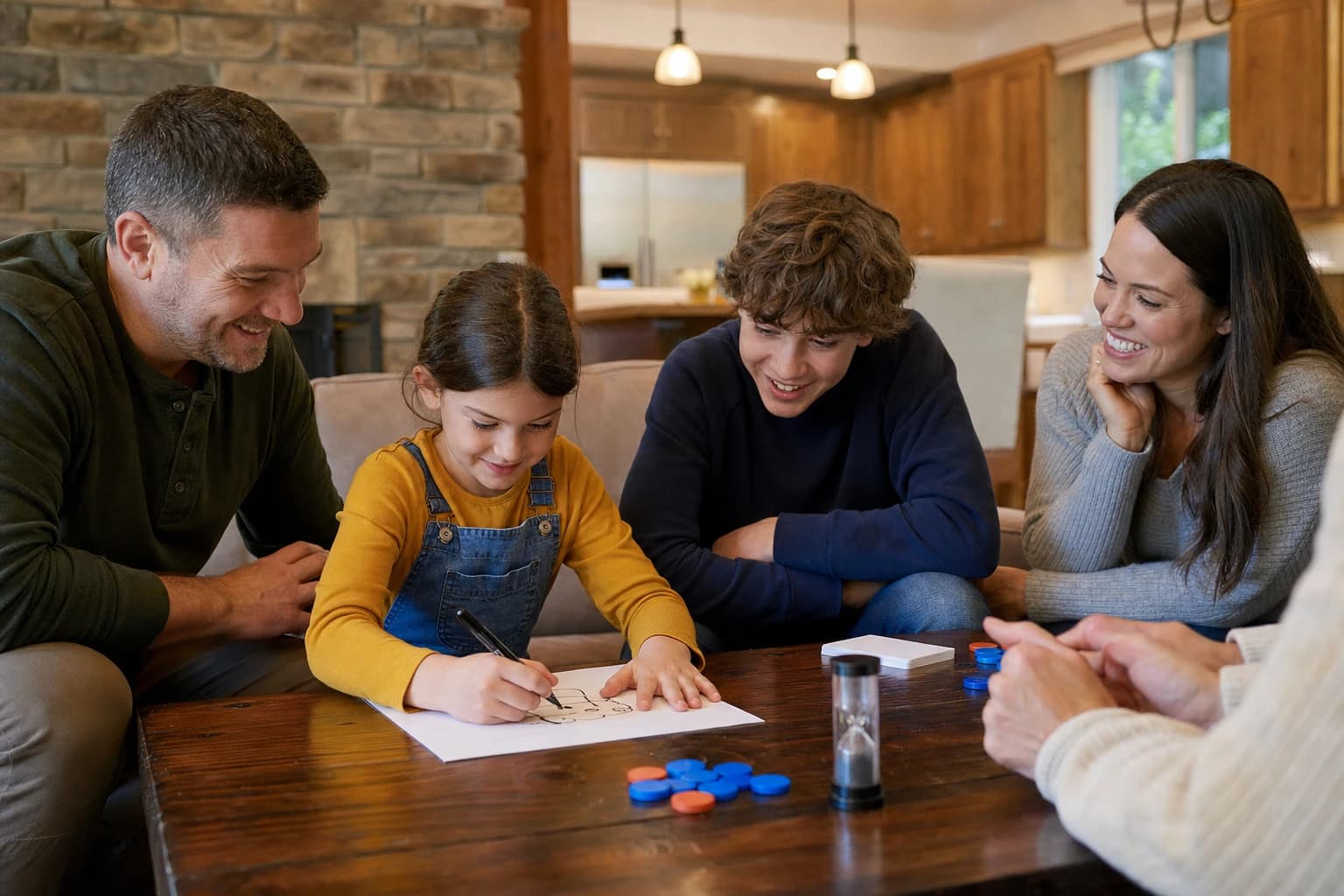 Mixed age family teams playing a drawing and guessing game with a timer