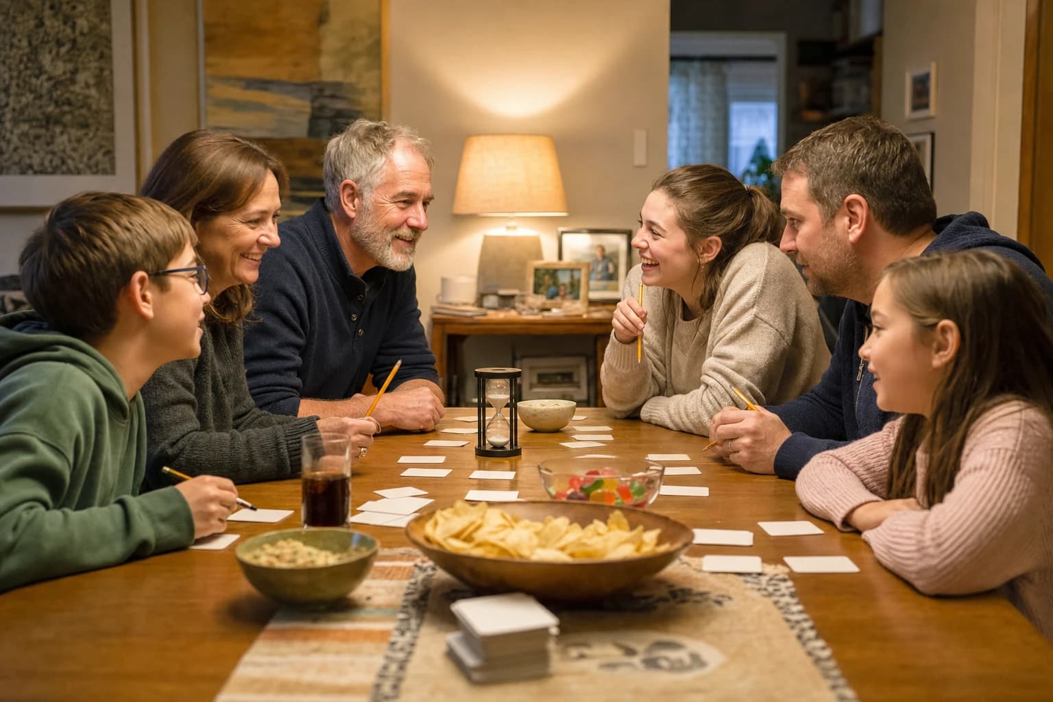 Mixed-age family teams playing a party game around a dining table