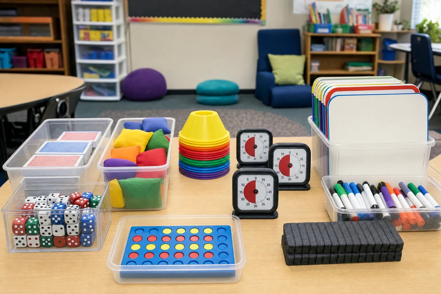 Organized classroom game supplies for indoor recess in labeled bins with cards, dice, cones, beanbags, and timers