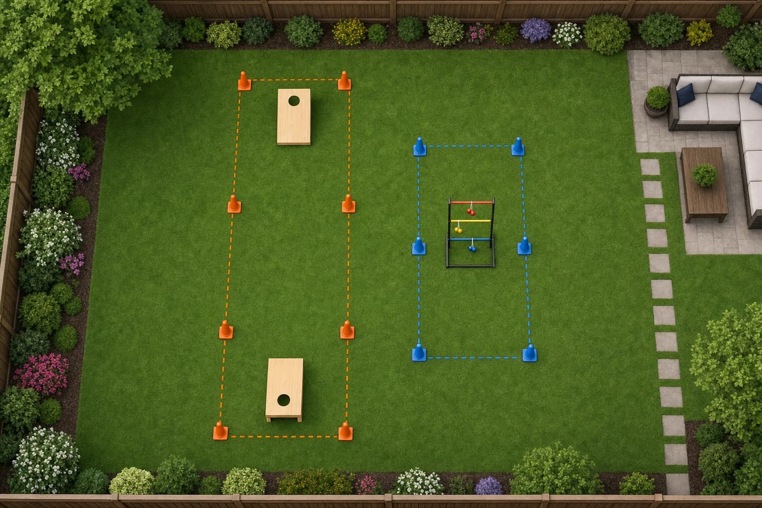 Overhead diagram showing space needed for cornhole and ladder toss lanes in a backyard