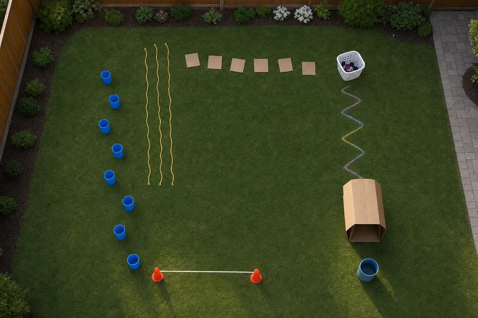Overhead view of a backyard obstacle course flow with a start line, weave section, stepping stones, toss target, and finish bucket