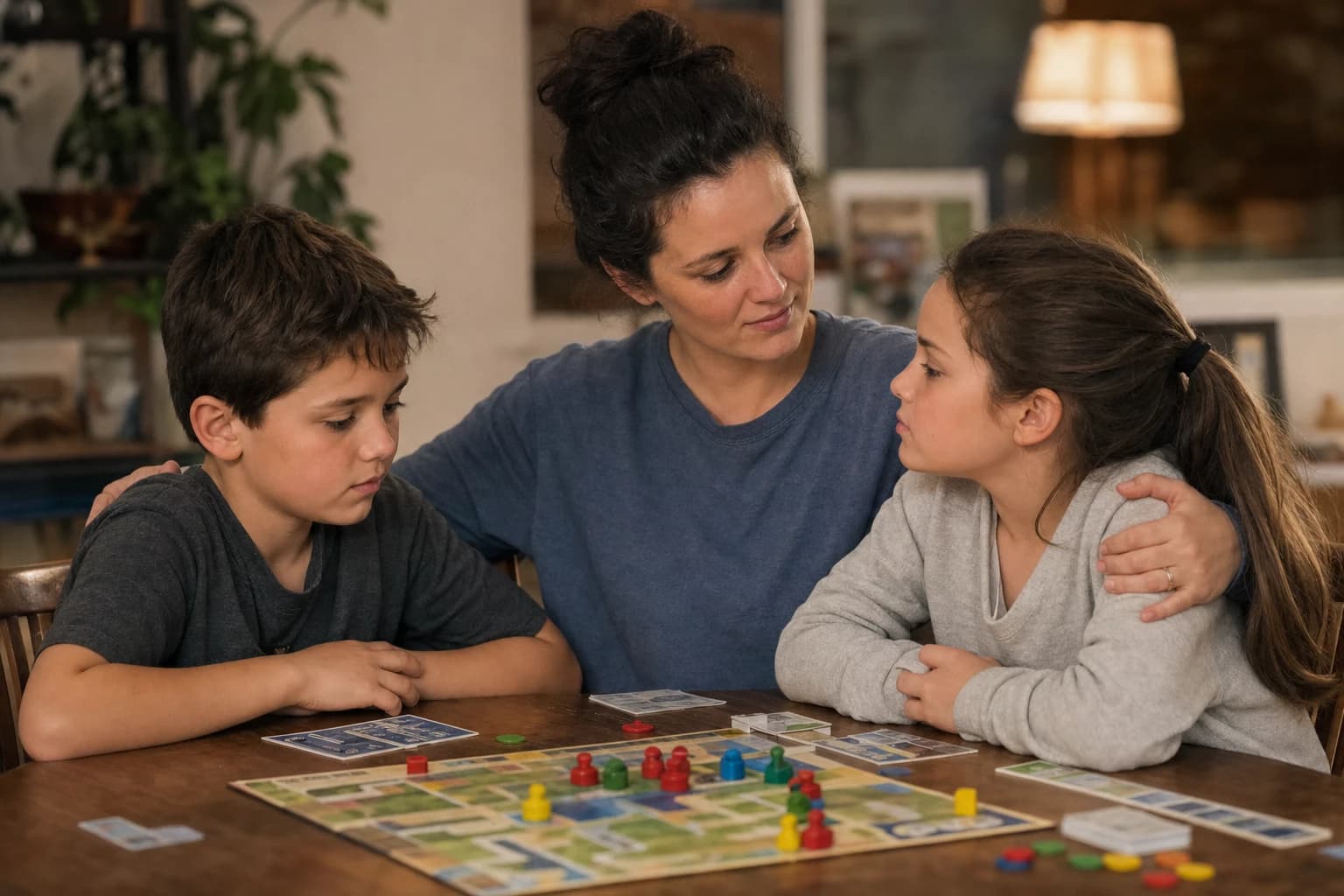 Parent calmly helping two children reset after a board game disagreement with cards and tokens on the table