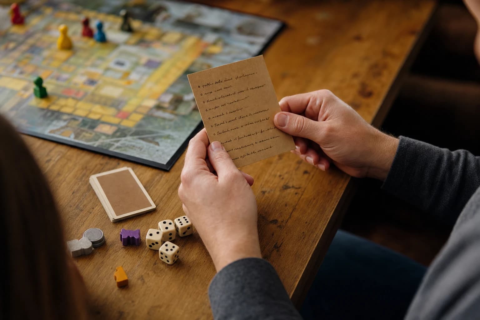 Parent holding a small house rules card beside a board game