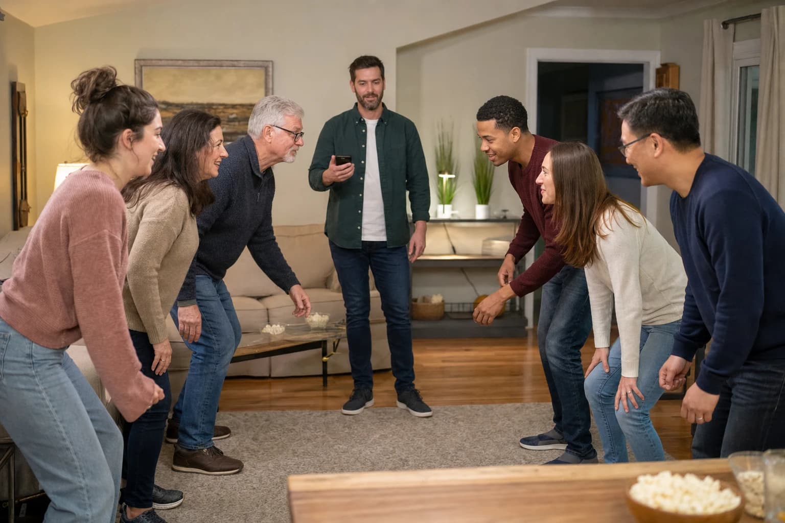 Party host using a timer while two small teams play a quick living room game