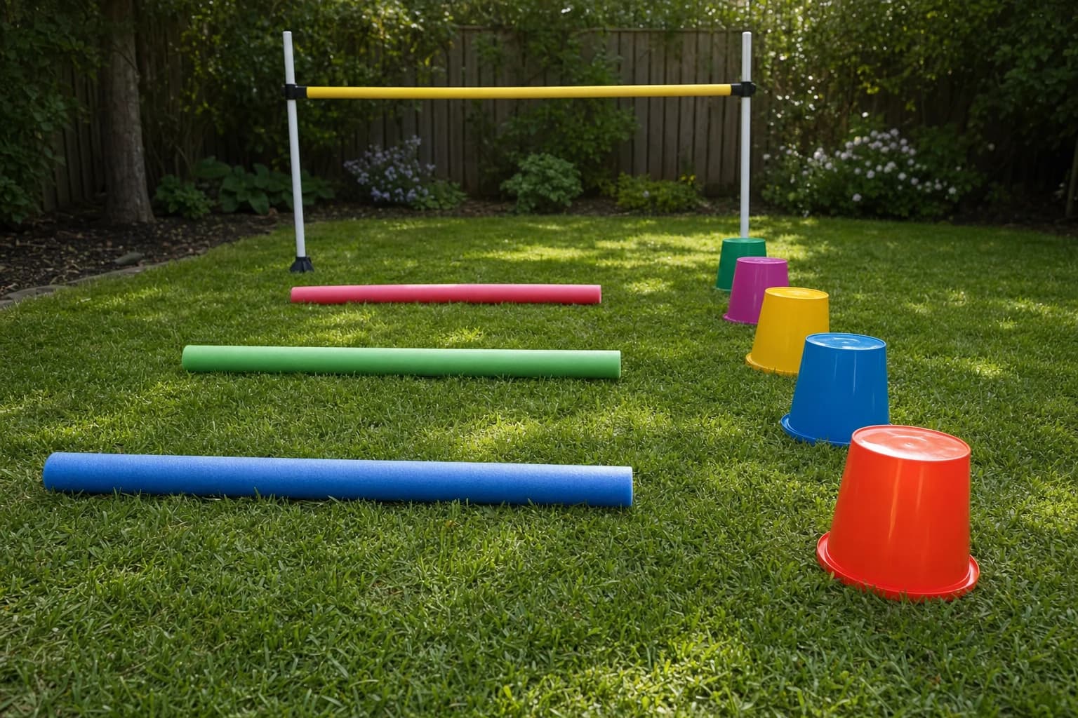 Pool noodles and buckets arranged as low hurdles and weaving obstacles on a backyard lawn