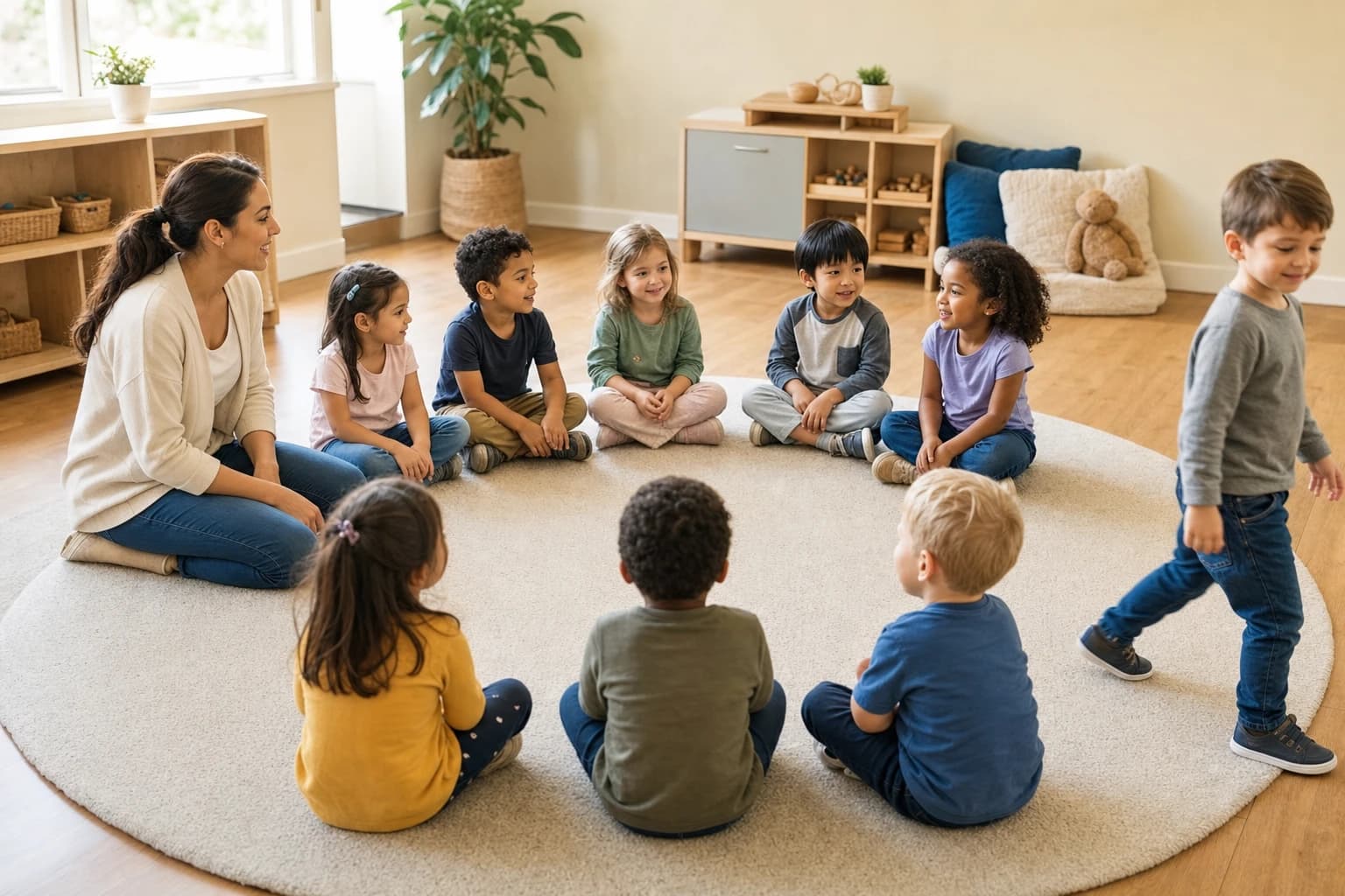 Preschool children sitting in a circle while one child walks around during a circle game