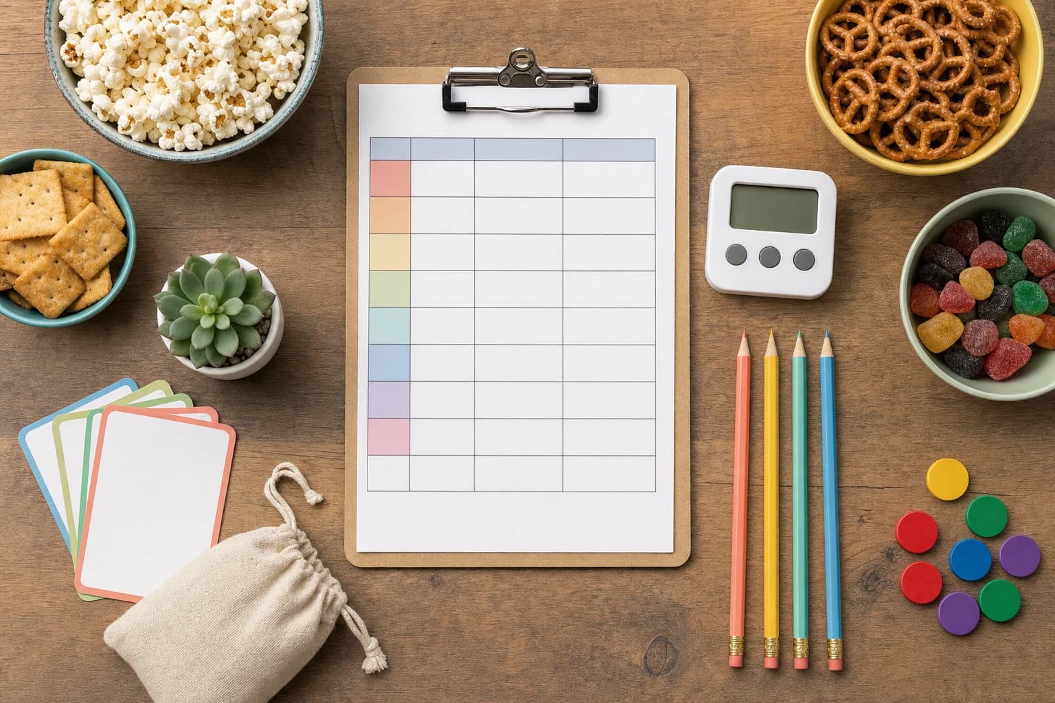 Printable style 60 minute family game night schedule with timer cards and snacks
