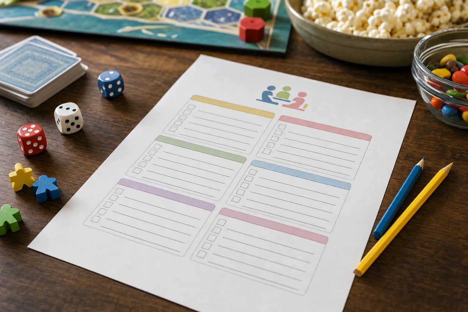 Printable-style family game night checklist with game supplies and timer on a kitchen table