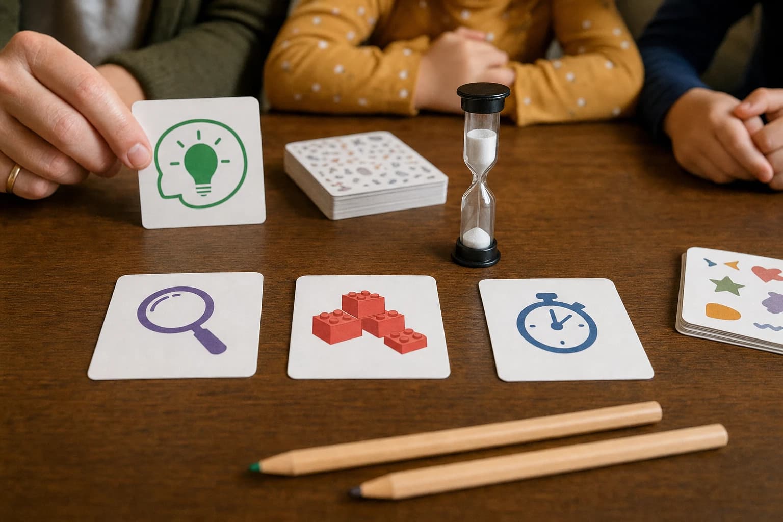 Role cards for clue giver guesser builder and timekeeper on a family game table
