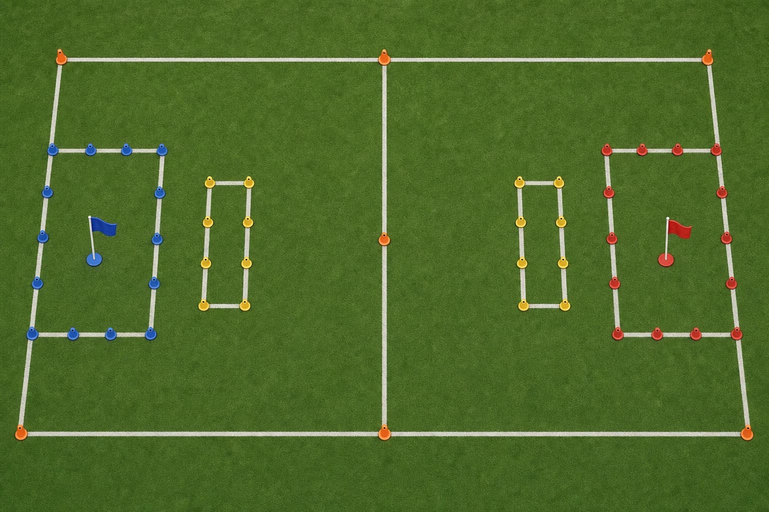 Simple Capture the Flag field layout with center line, flag zones, jail zones, and boundaries