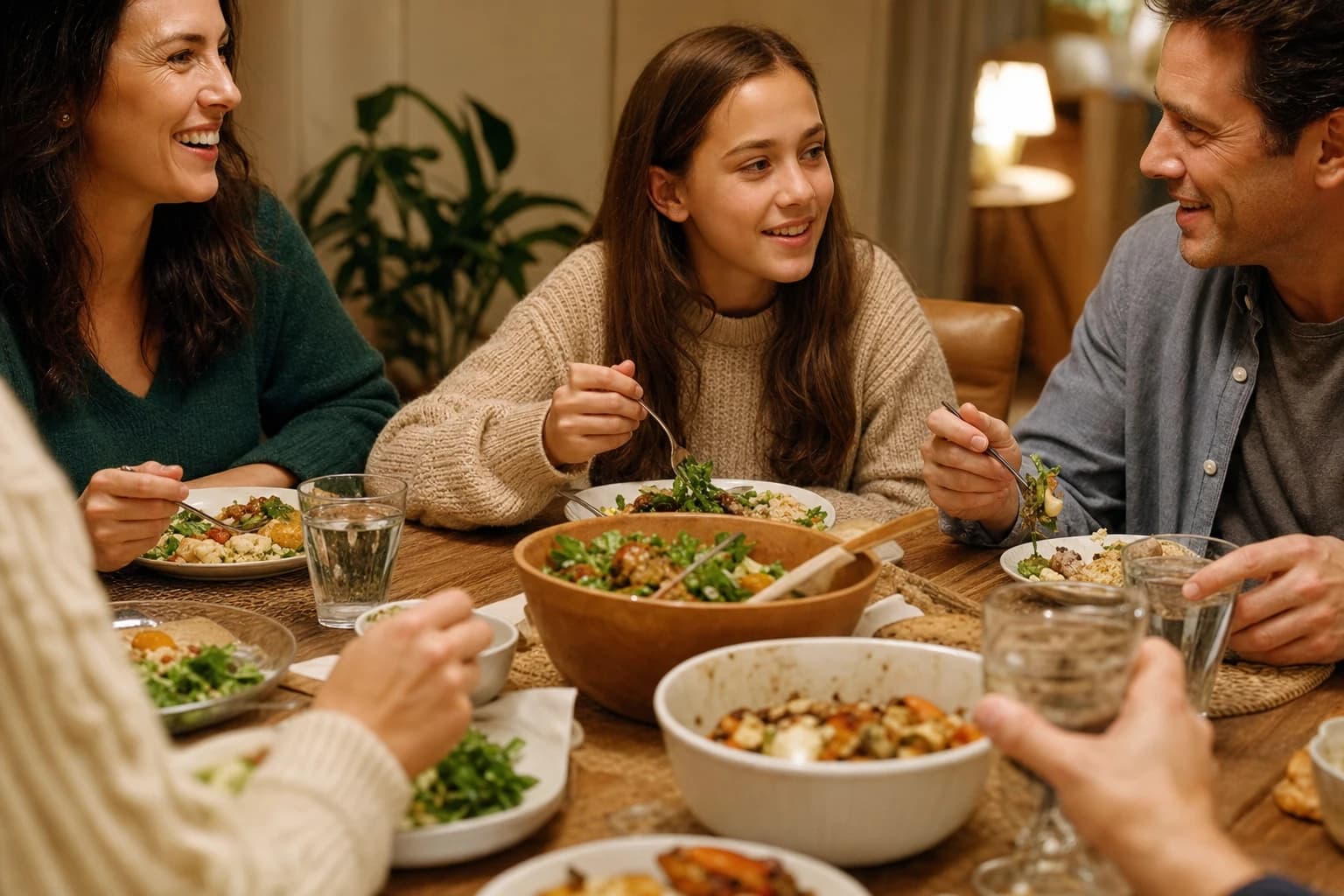 Simple family dinner table with no game supplies, showing open hands and relaxed conversation