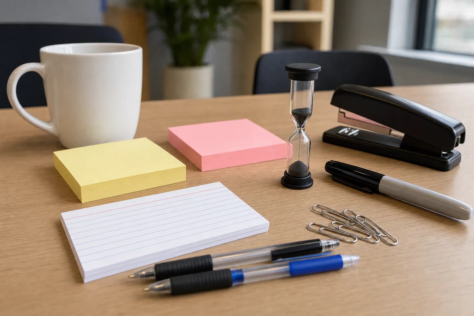 Simple office party game supplies including sticky notes pens and desk objects on a table
