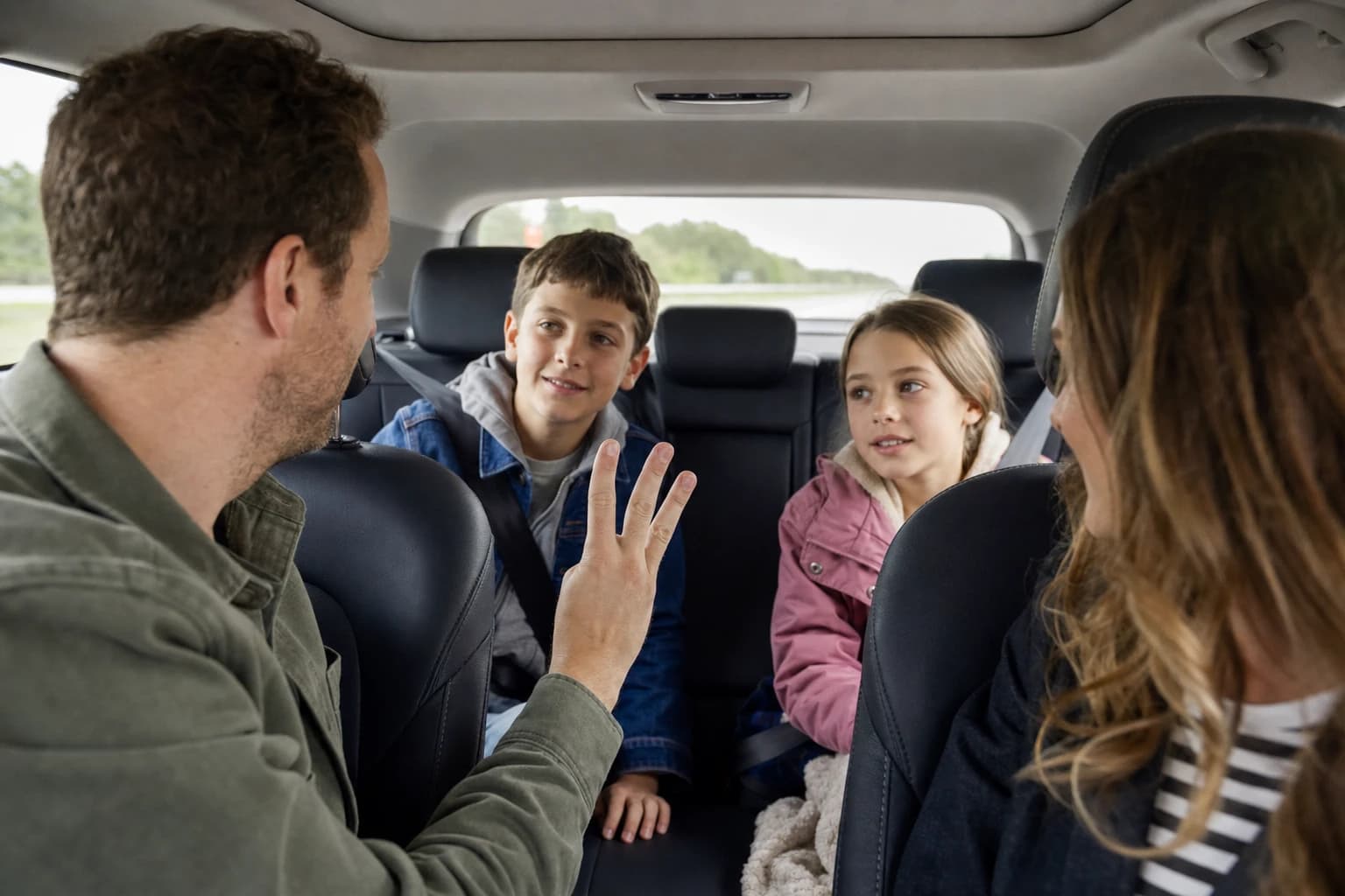 Simple visual list of car ride game rules for families including take turns, stay buckled, and use quiet voices