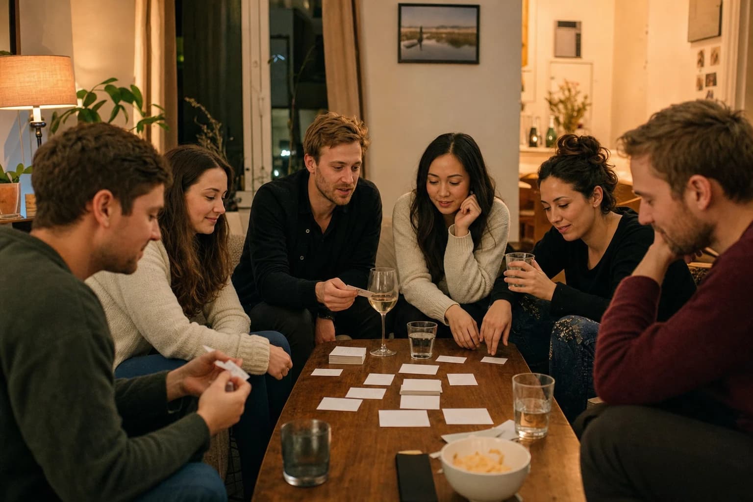 Six adults playing a quiet party game around a coffee table in a small apartment