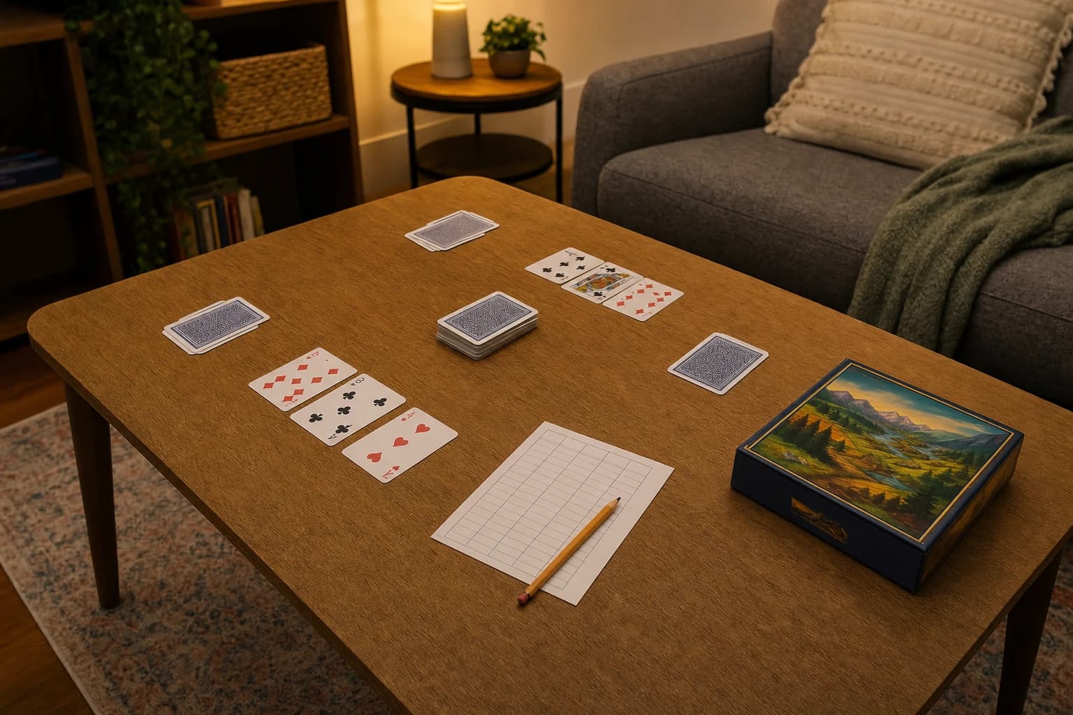 Small apartment coffee table with cards, score paper, and a compact board game