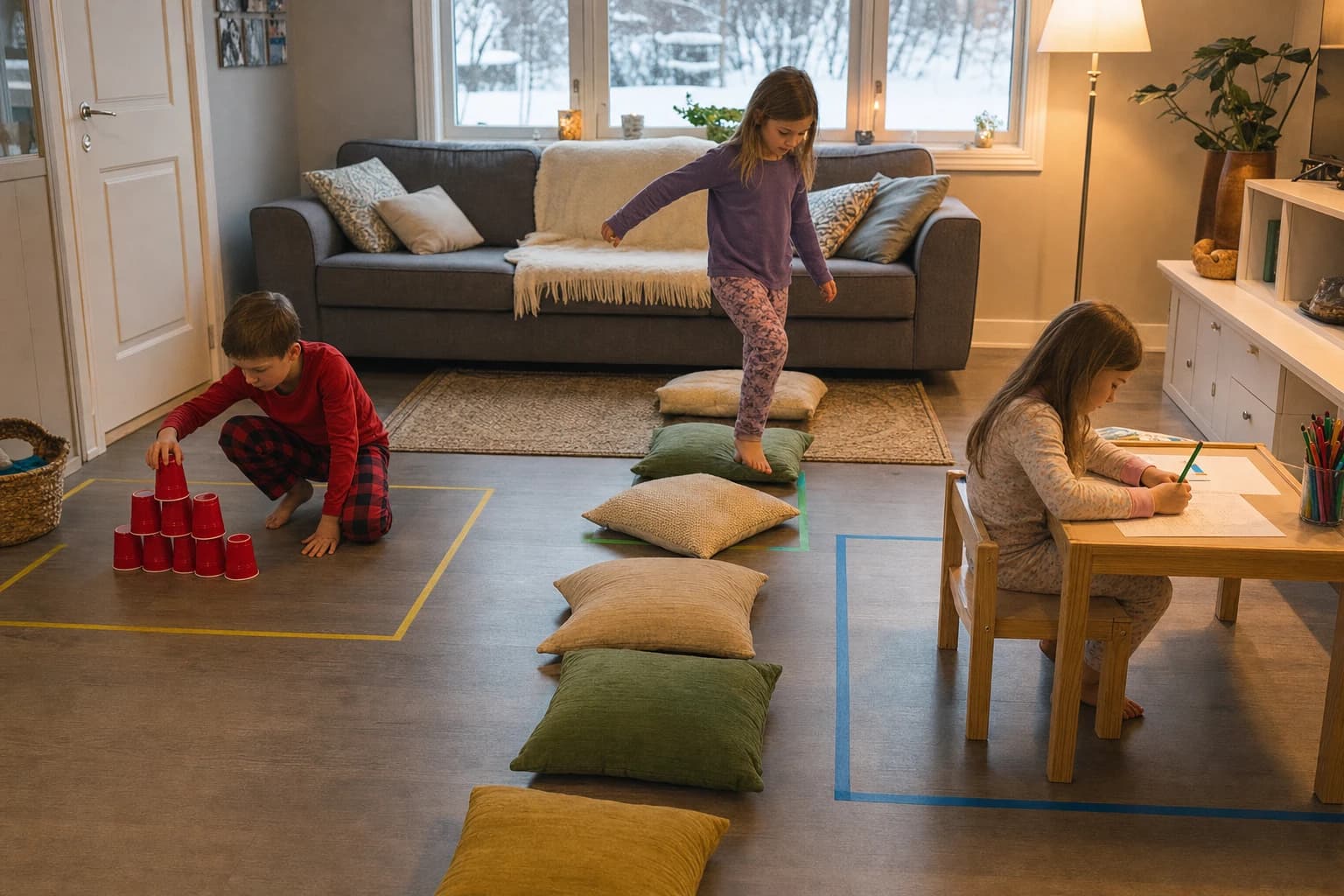 Small living room divided into safe indoor game zones for children during winter break