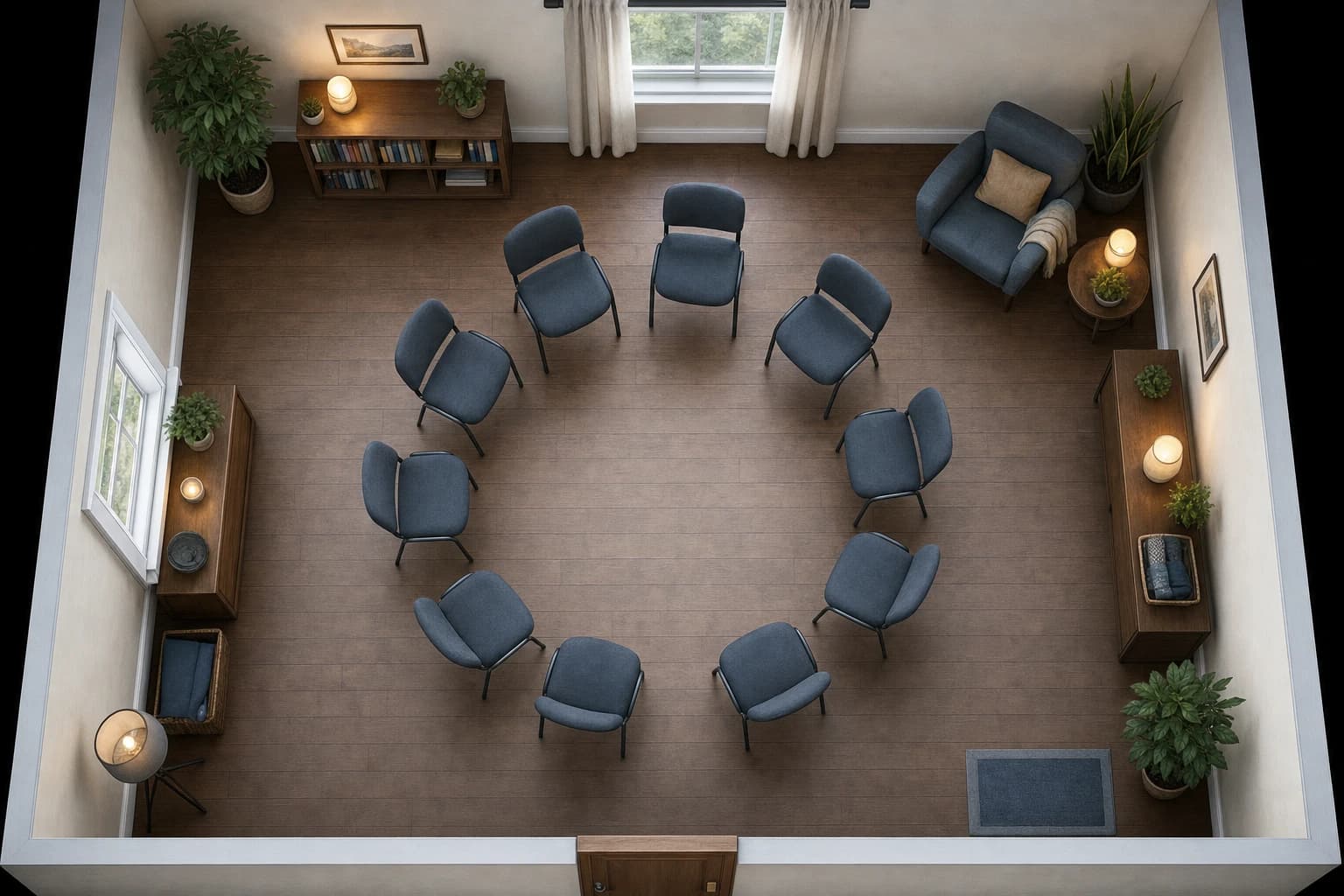 Small room circle game layout with ten chairs and clear center space