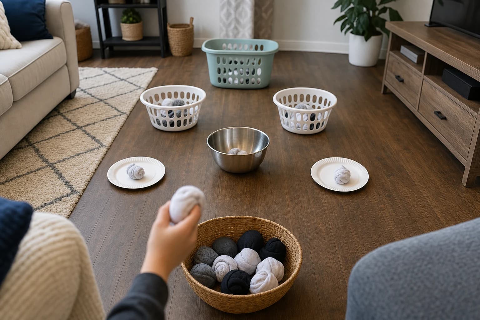 Sock toss targets made from laundry baskets and paper plates for a teen party game