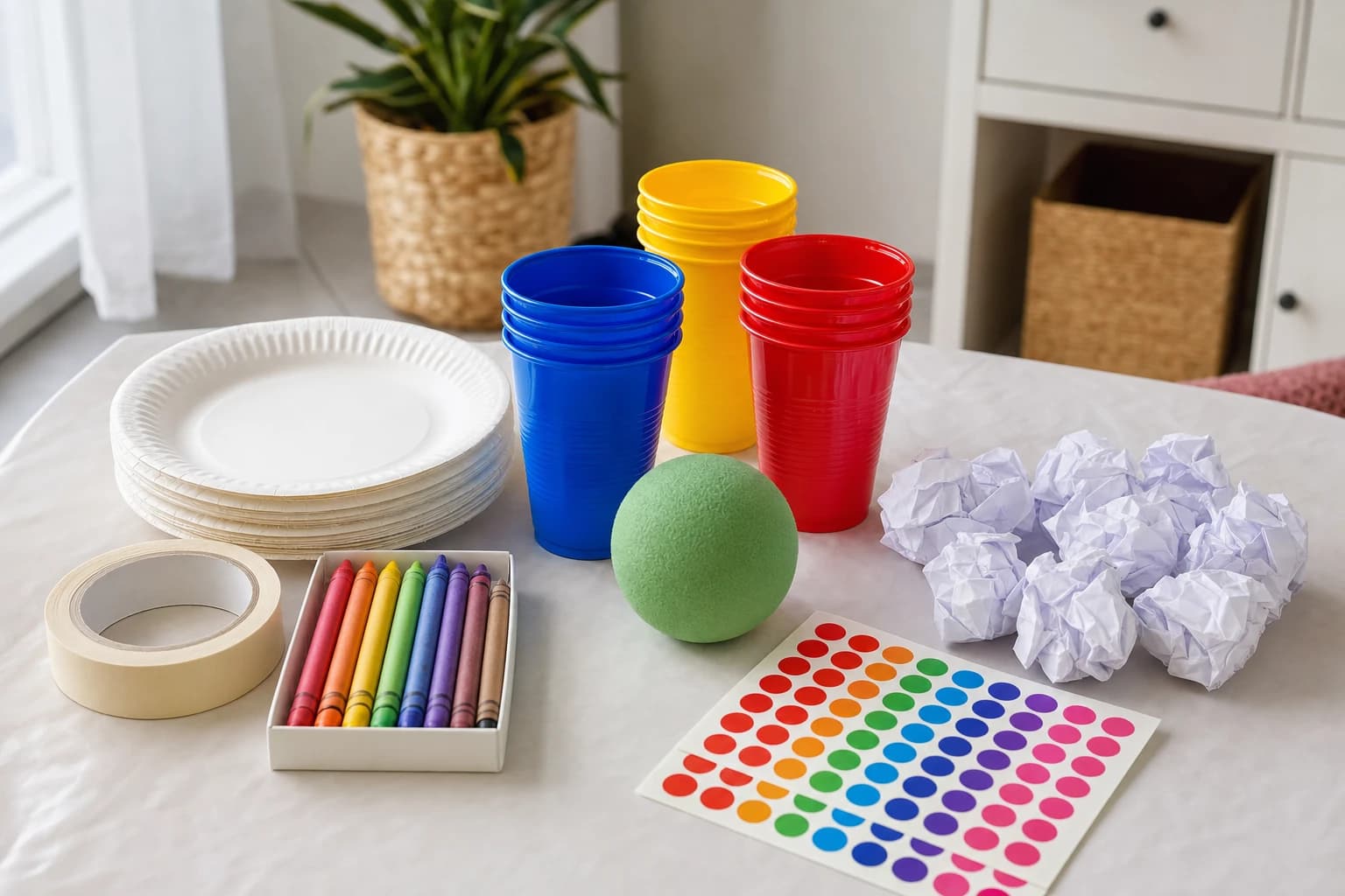 Table with simple indoor kids party game supplies including paper plates, tape, crayons, cups, soft ball, and stickers