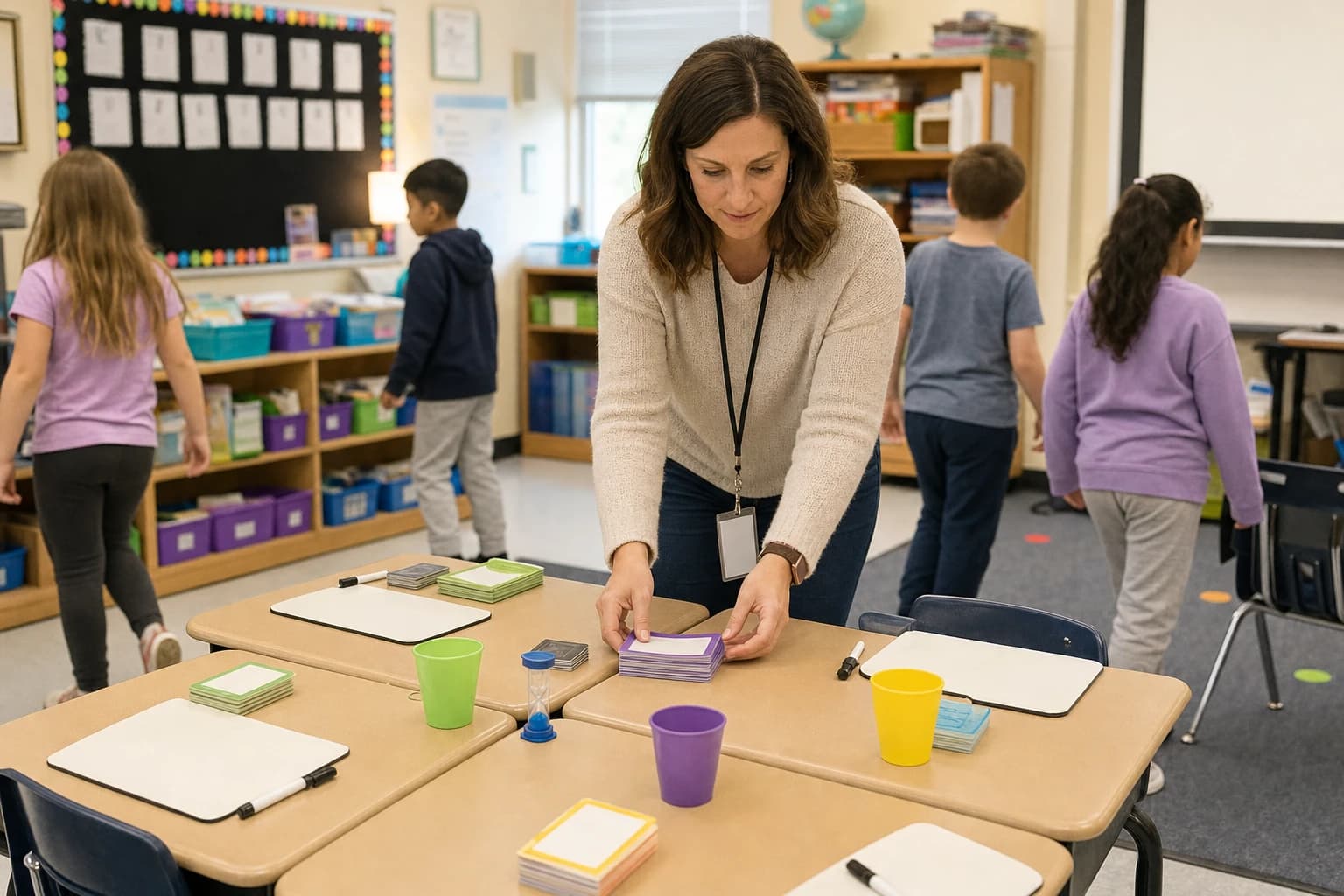 Teacher organizing small group classroom game stations with labeled card sets