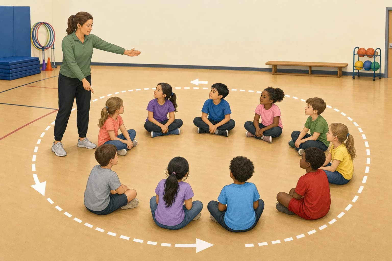 Teacher showing children a safe walking lane around a seated circle