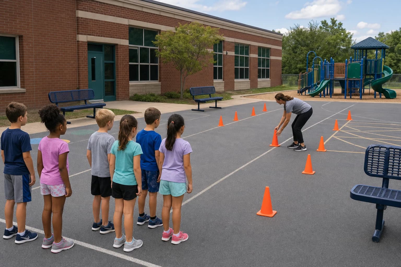 Teacher using cones to separate a running zone from a quiet playground area