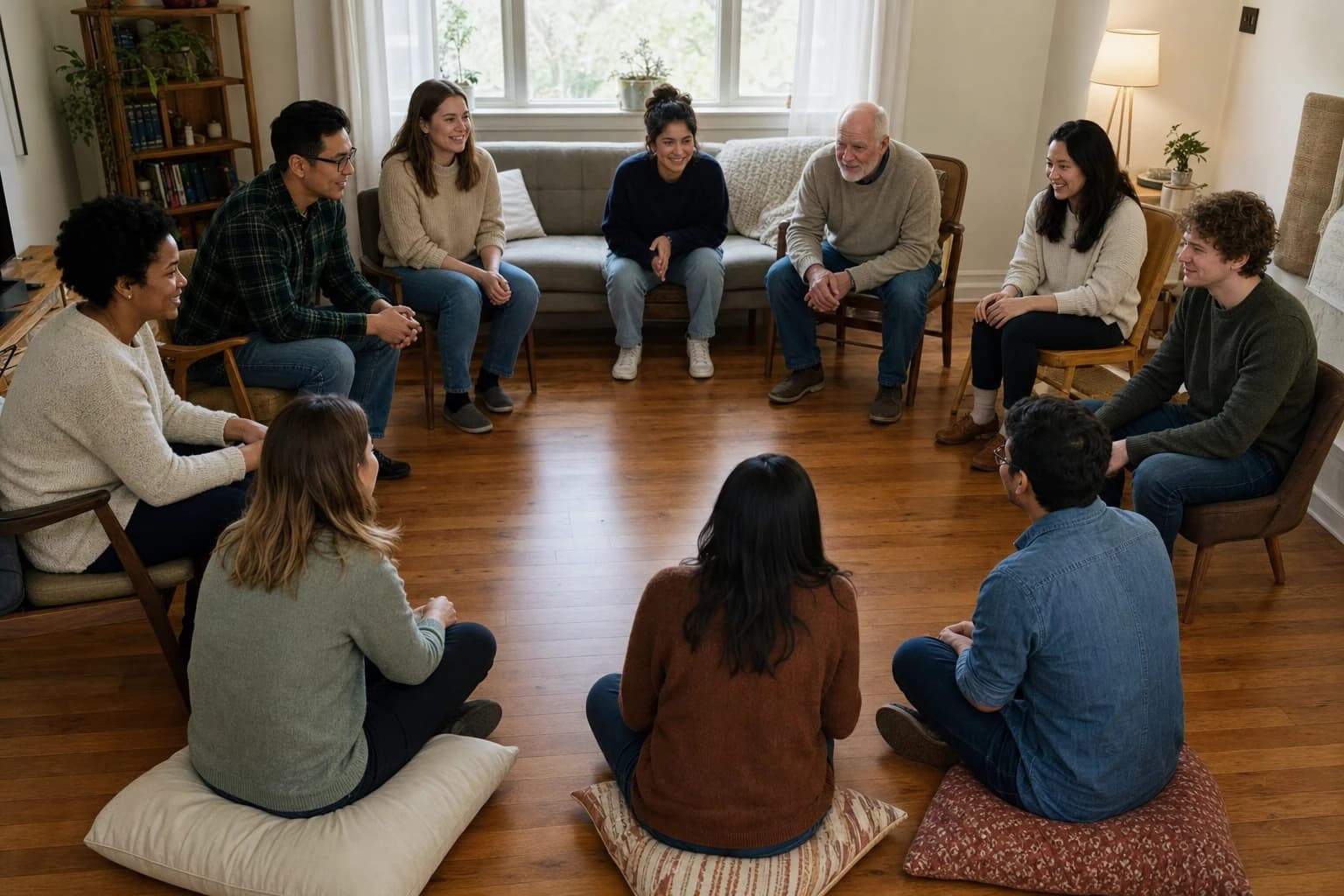 Ten people sitting in a small living room circle playing a no-running indoor game