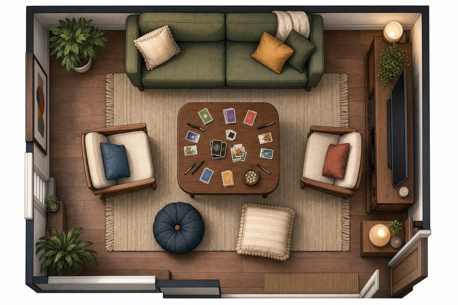Top-down apartment party setup with six seats around a small coffee table