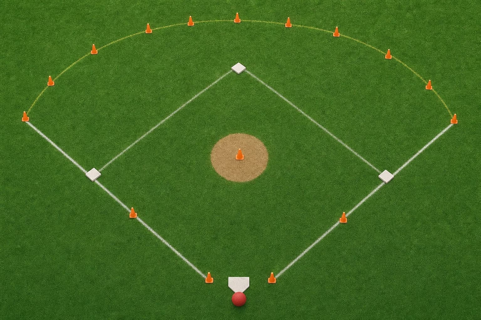Top-down kickball field layout showing home plate, three bases, foul lines, pitcher area, and outfield