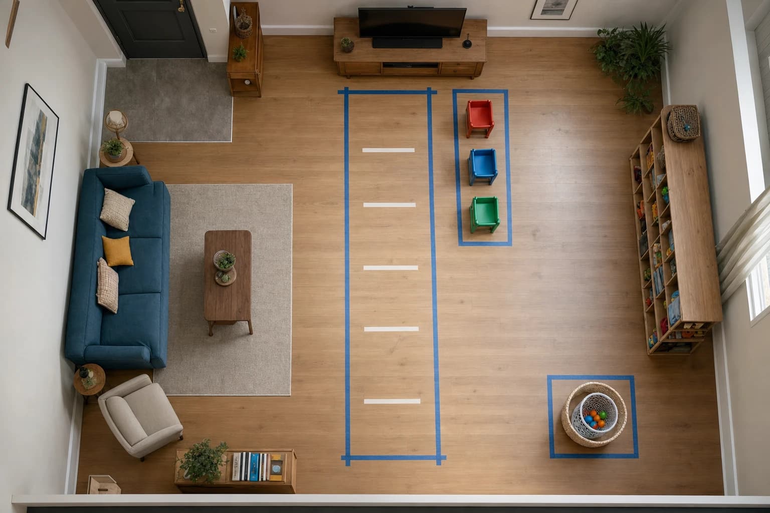 Top-down view of a small living room with a clear taped play lane and furniture outside the movement zone