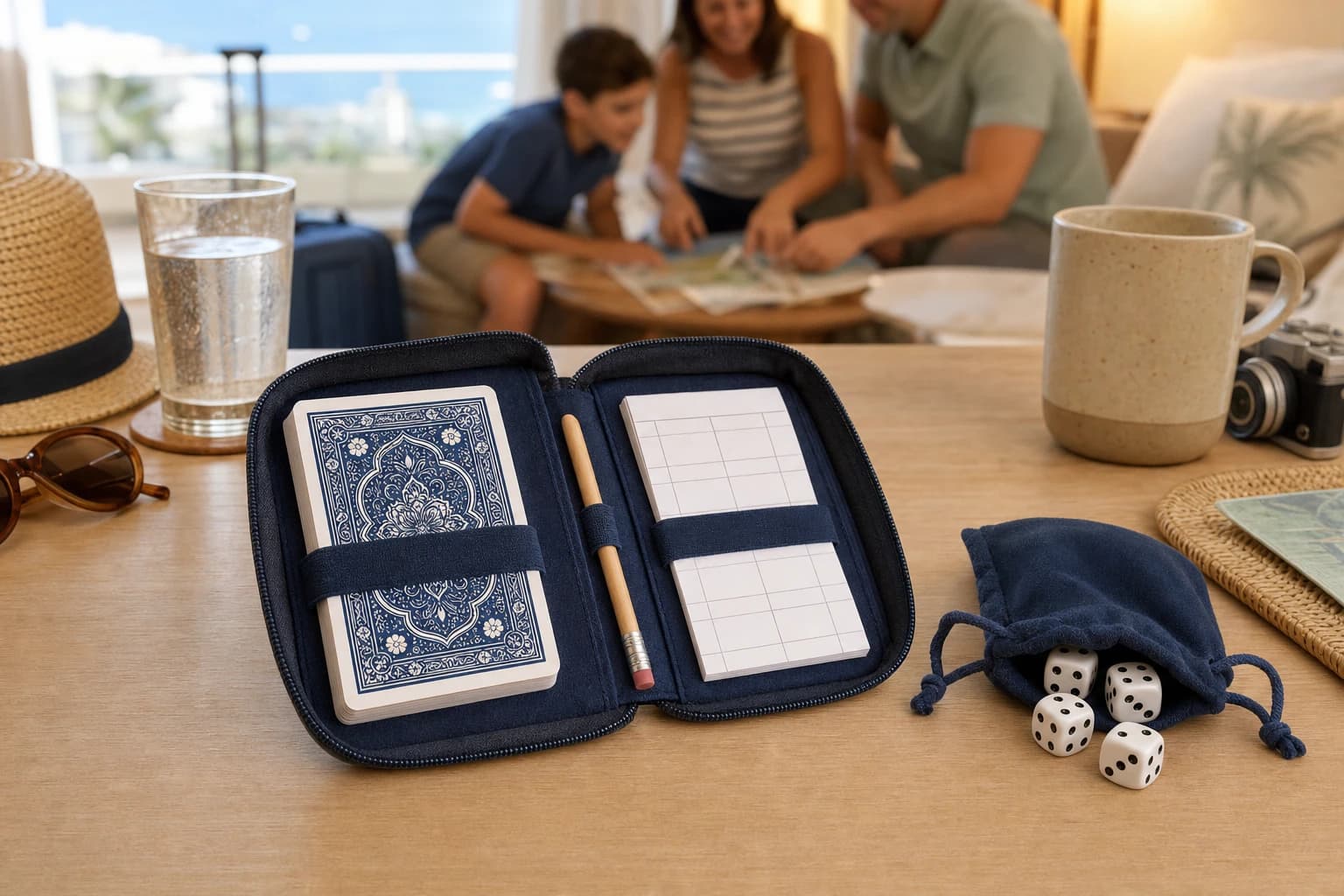 Travel pouch with playing cards, pencil, score pad, and small dice on a family vacation table