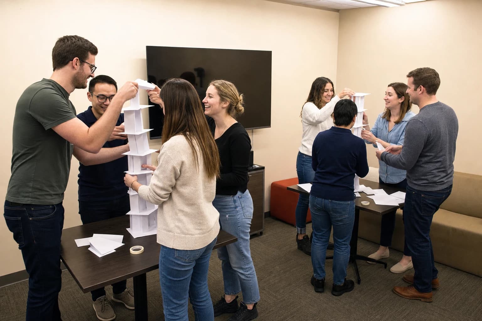 Two teams of five building paper towers at small tables indoors