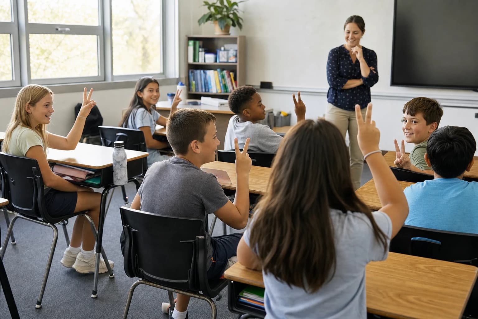 Upper elementary students playing a quick no-materials classroom game from their desks
